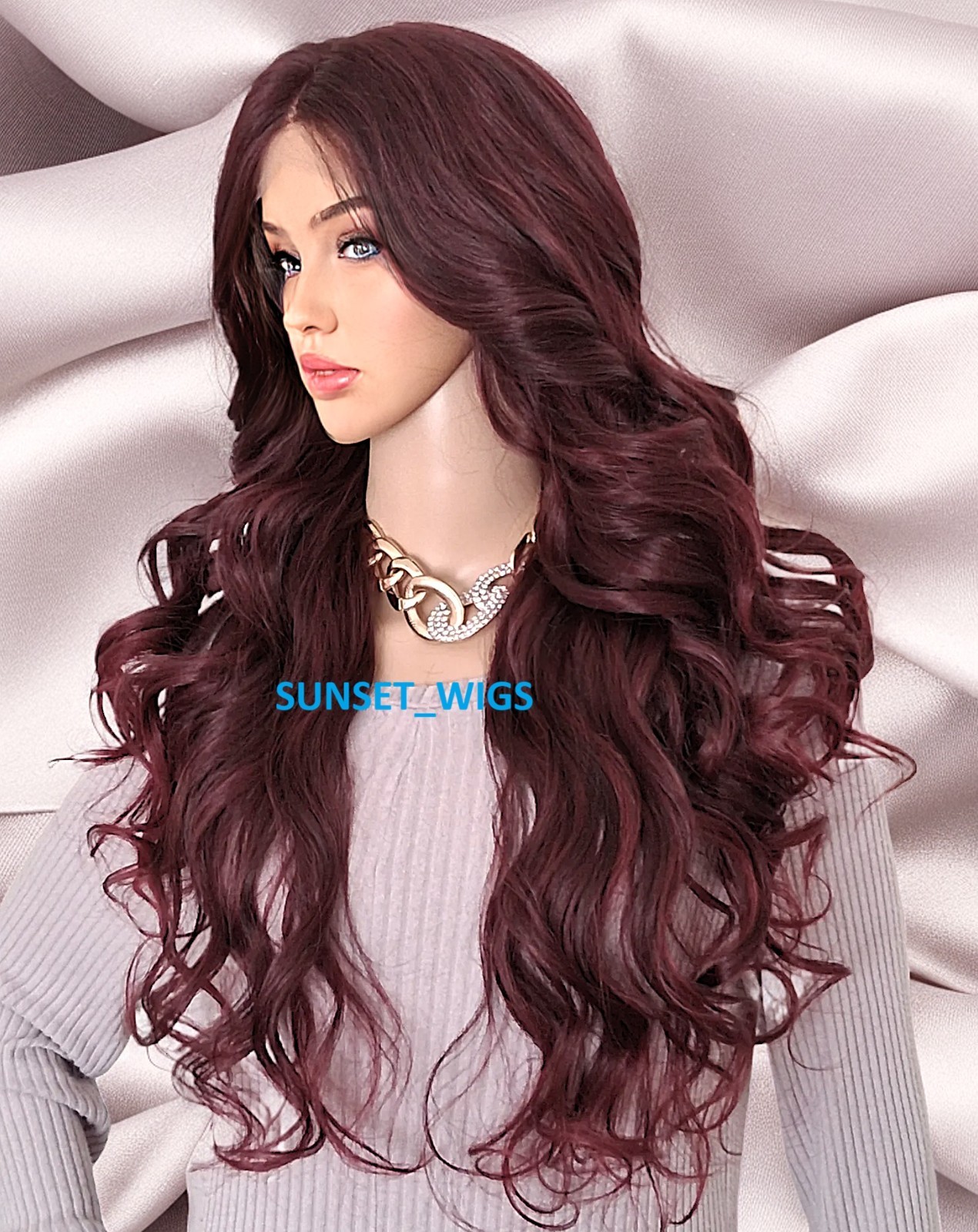 32″ LACE FRONT WIG LONG WAVY LAYERED BLACK BURGUNDY MIX #T1B.BURG HEAT OK NWT