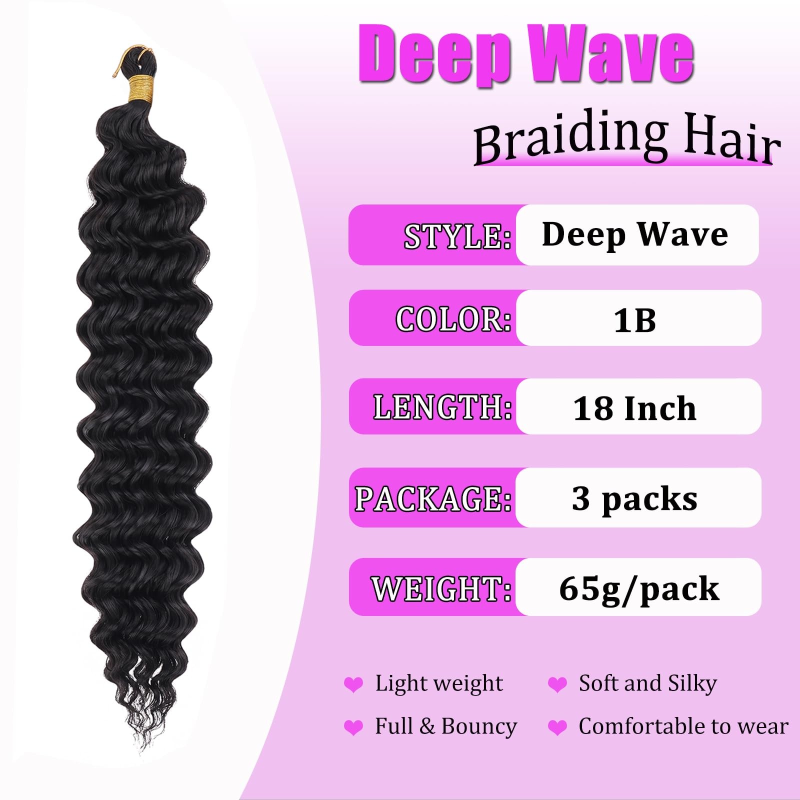 ZRQ Deep Wave Crochet Hair Natural Black 18 Inch 3 18 (Pack of 3), #1B