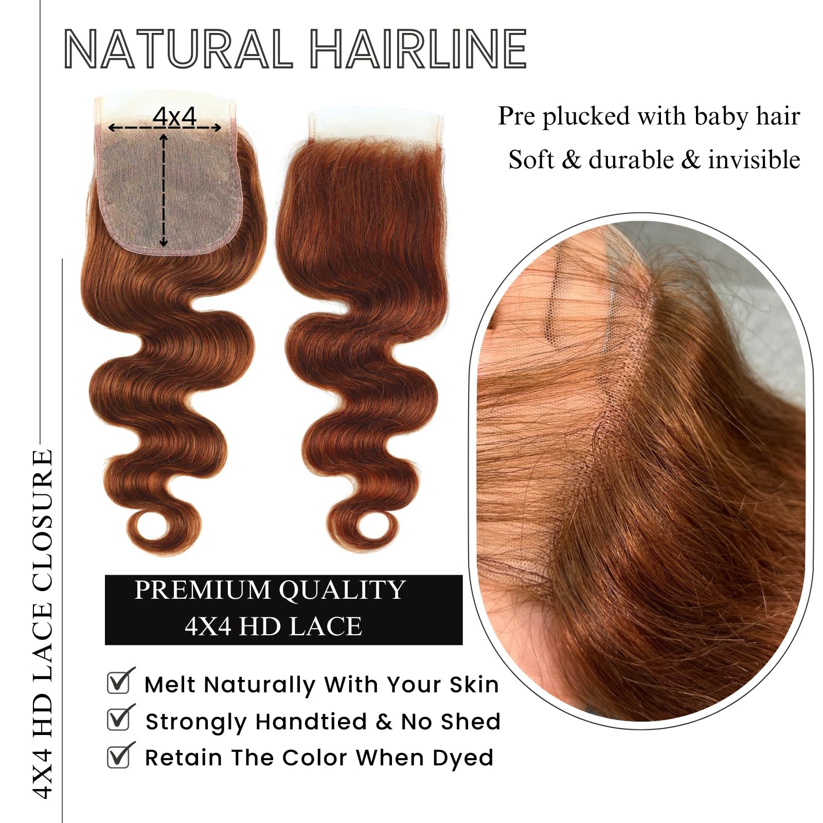 Alher 33 Reddish Brown Body Wave 4X4 Lace Closure 12A Copper Brown Colored 4X4