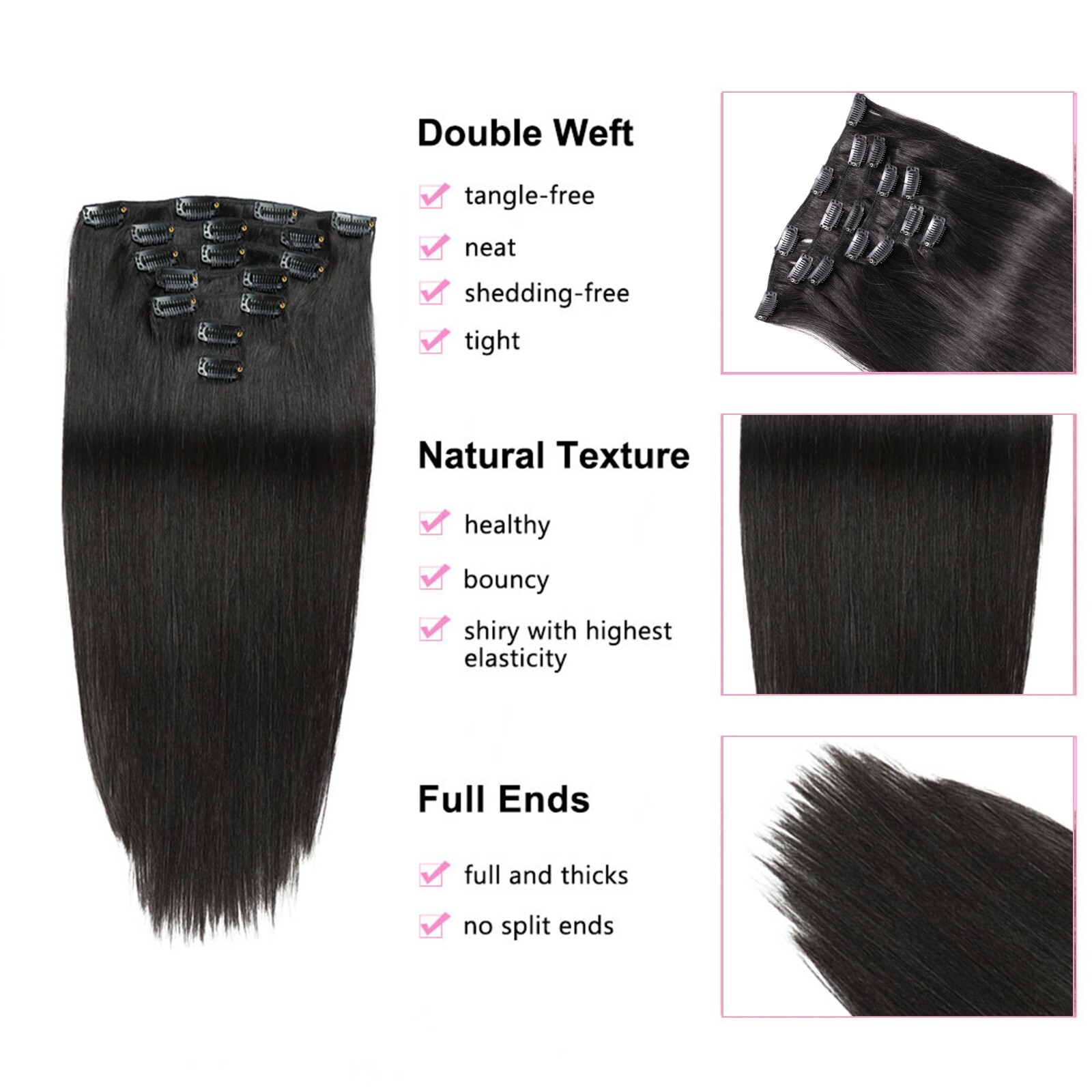 Real Human Hair Clip in Hair Extensions, Unprocessed & 100% Handmade Pure 100g