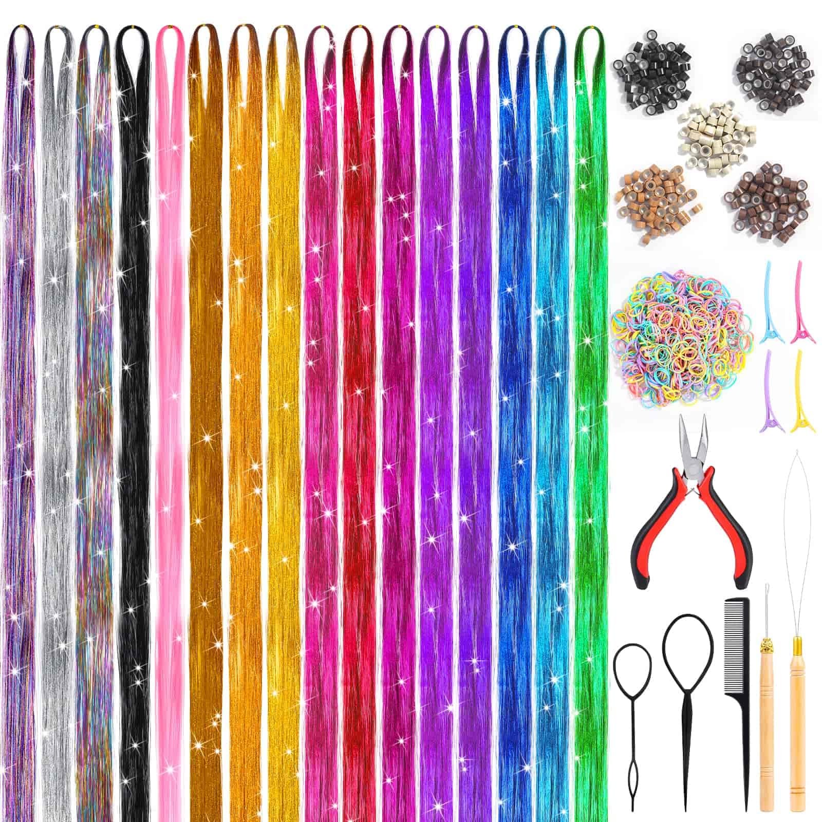 Hair Tinsel Kit (48 Inch, 16 Colors, 3200 Strands), 48 16 Mixed Colors