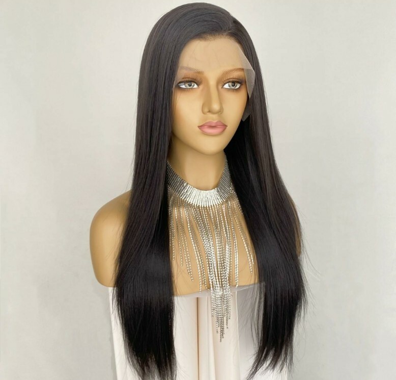 Natural Black Brown Wig HD Front Lace Human Hair Blend Highlights Wavy Curly