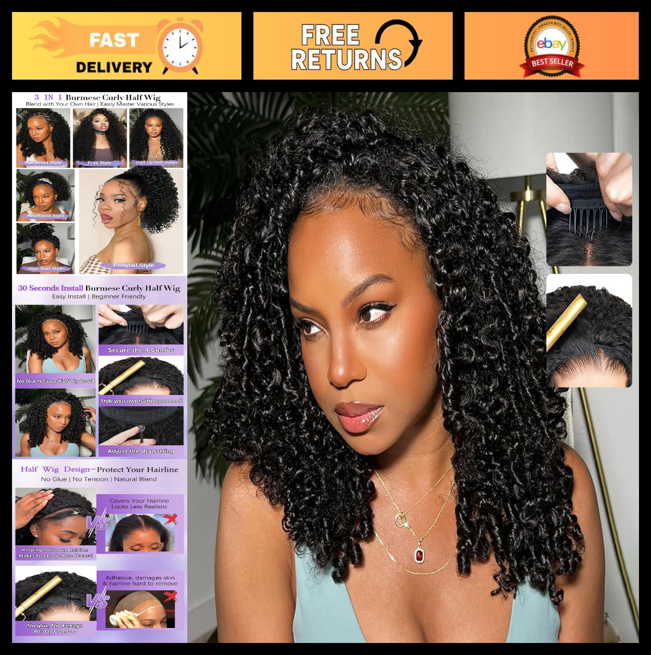 18″ Curly Half Wig Human Hair 180% Density Glueless Drawstring Headband Wig for