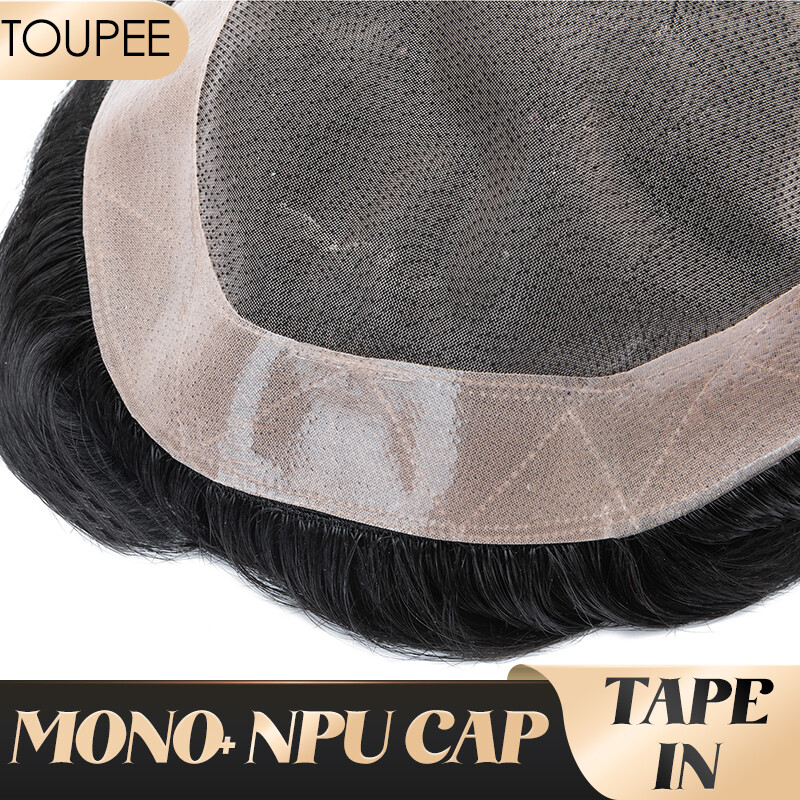 Natural Mens Toupee Human Hair Replacement System Mono * NPU Skin Hairpiece Curl