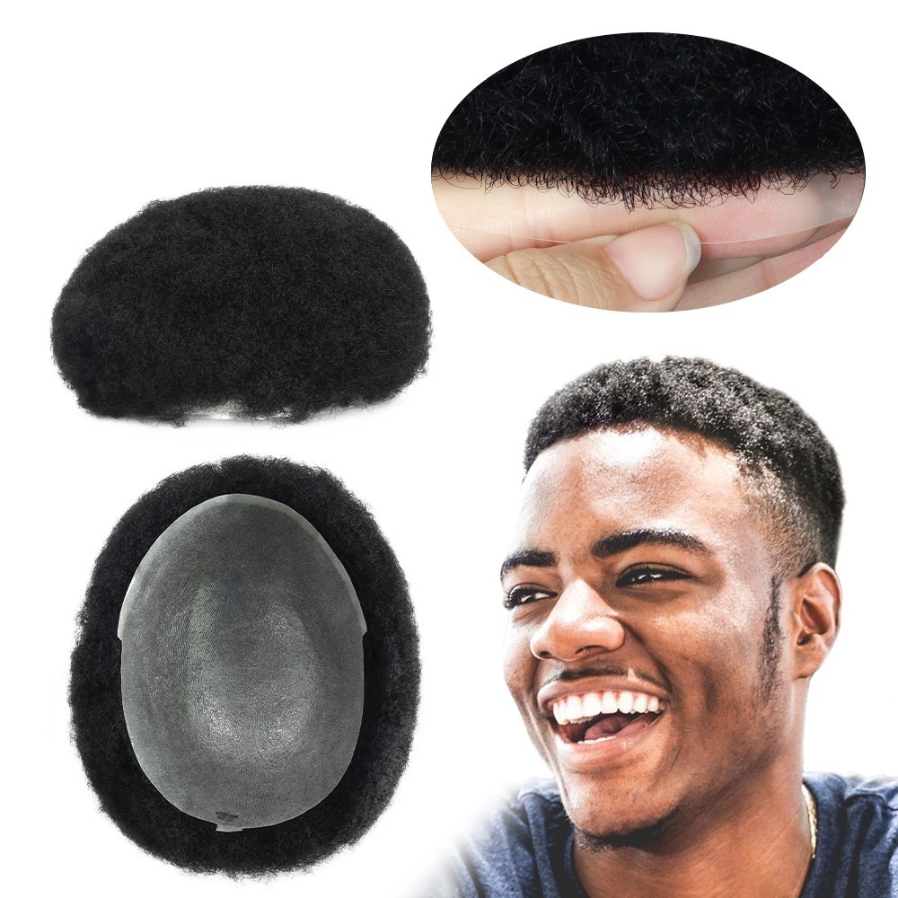 Toupee for Men Human Hair System Full Afro Skin PU Black Hair Replacement #1B