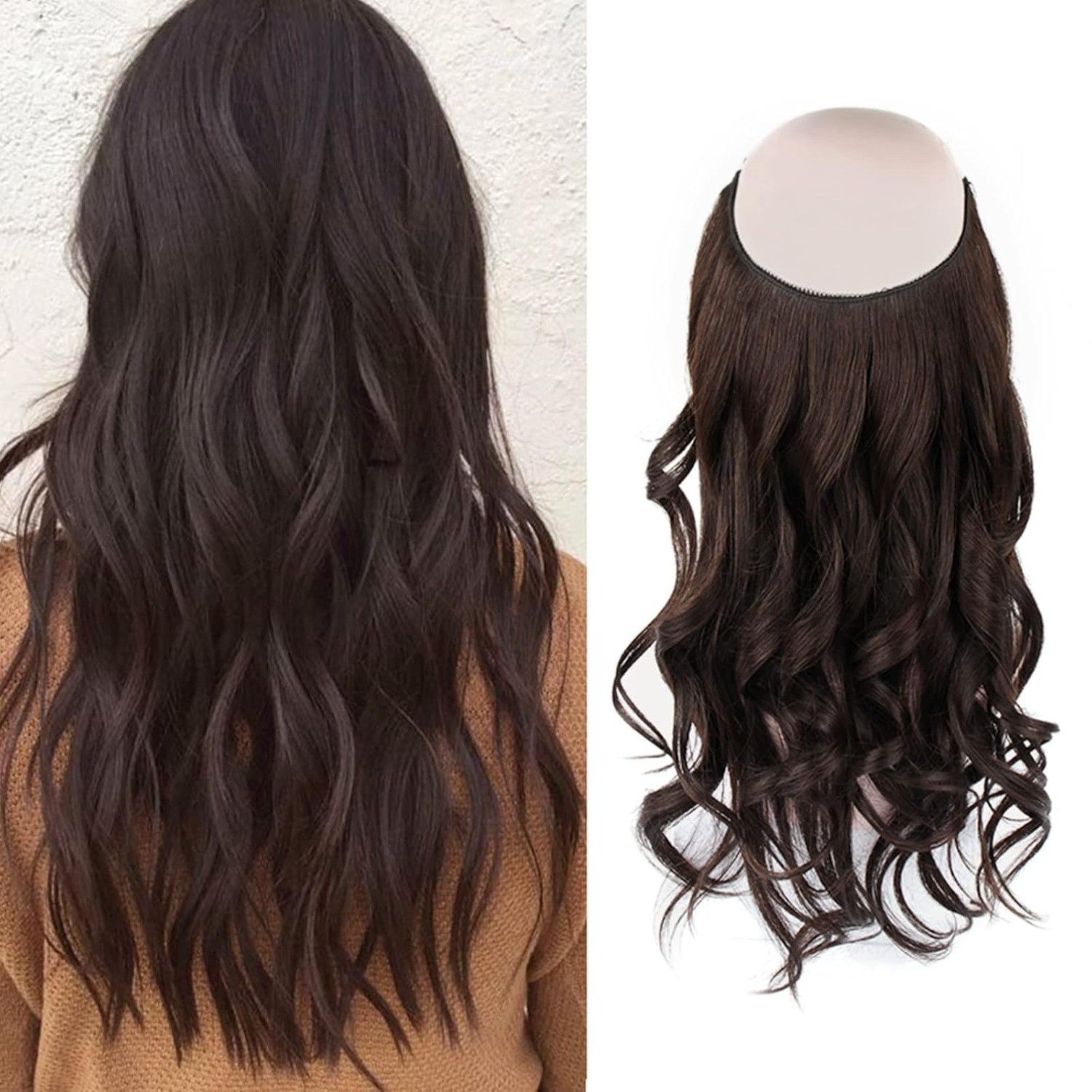 16” Wire Hair Extensions Real Human Hair with Transparent Wire-Dark Brown