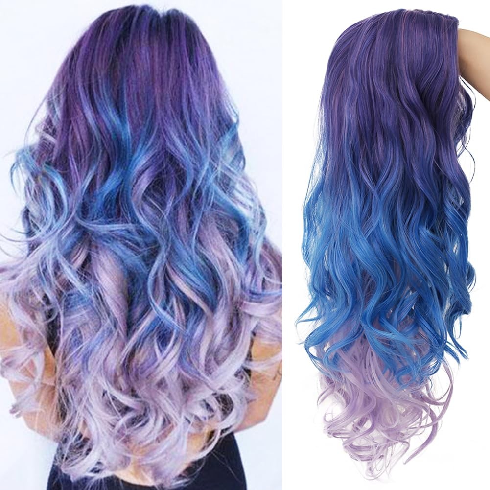 Blue and Purple Curly Women Wigs Long Wave Middle Part Synthetic Wig for Hall…