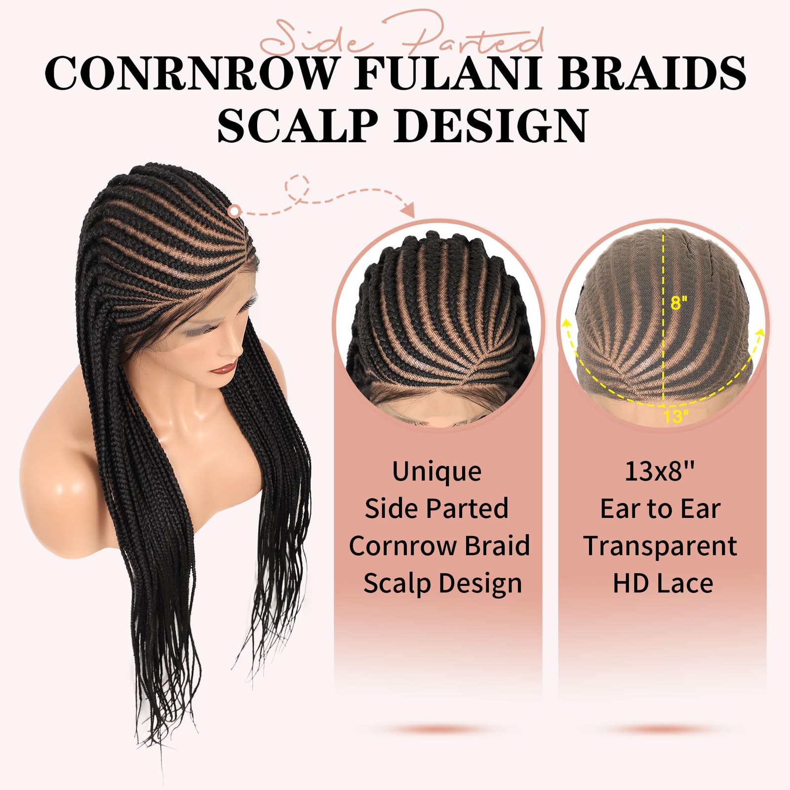 Lexqui 36 Inch Cornrow Braided Wigs Braid Wig 13X8 Hd Lace Front Braided Wig