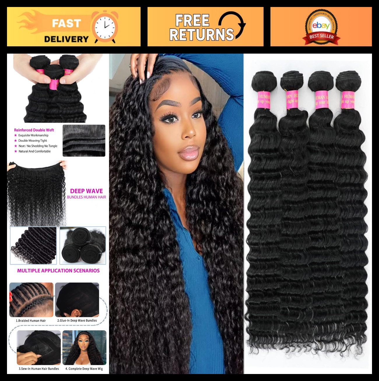 12A Deep Wave Human Hair Bundles 20-26 Inch Curly Extensions, 100% Unprocessed V