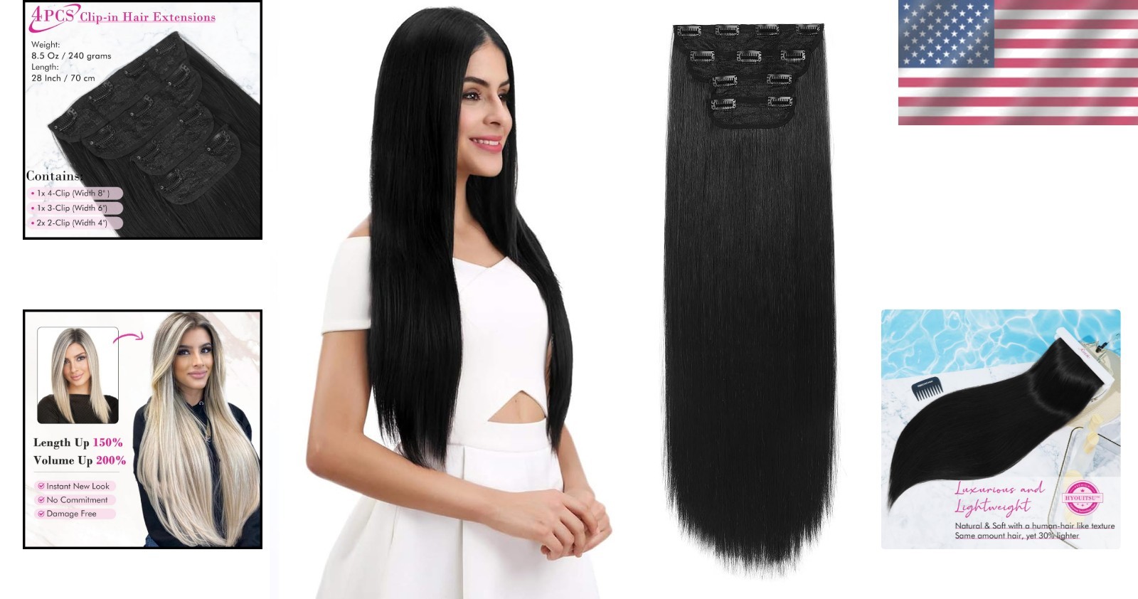 Thick & Long 28” Clip-In Hair Extensions – Heat Resistant Natural Black