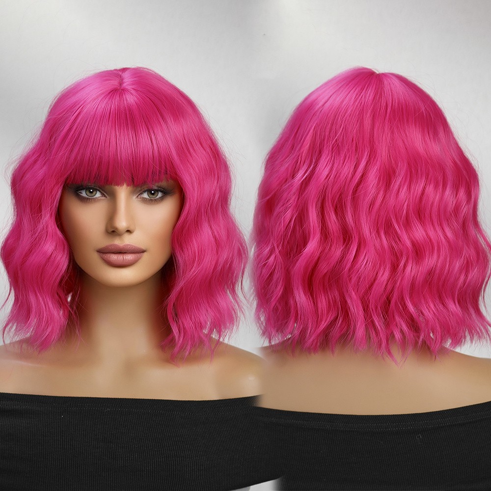 12in Pink Short Wavy Wig with Bangs Women Curly Synthetic Hair Wig Fashion Daily