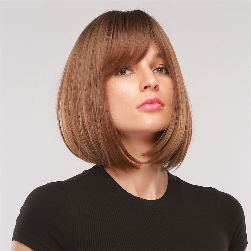 Pink Bobo Short Hair Full Head Cover Gradient Fashion Straight Bangs Wig