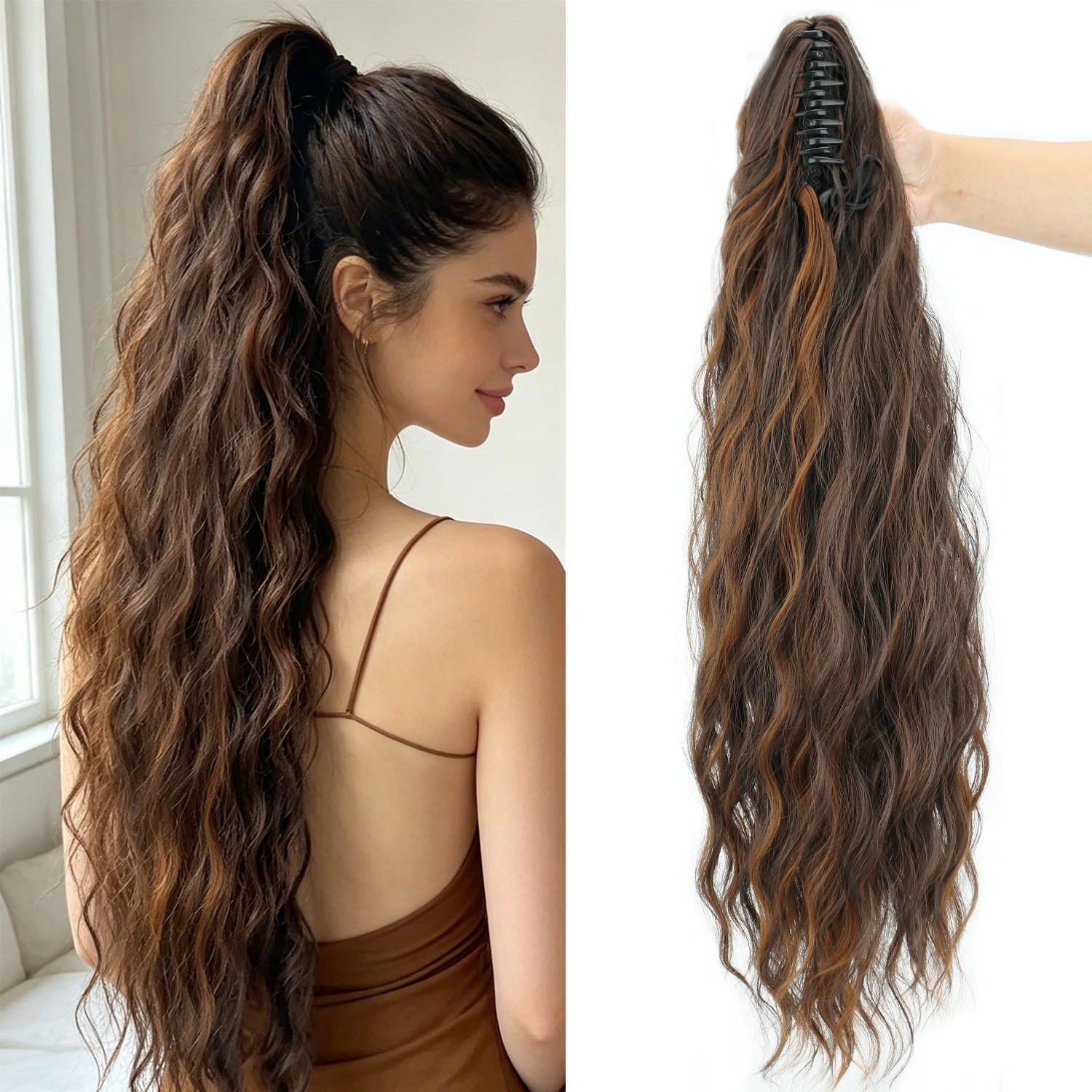 Fluffy Black Brown Water Wave Ponytail Extensions Synthetic Claw Clip for Women