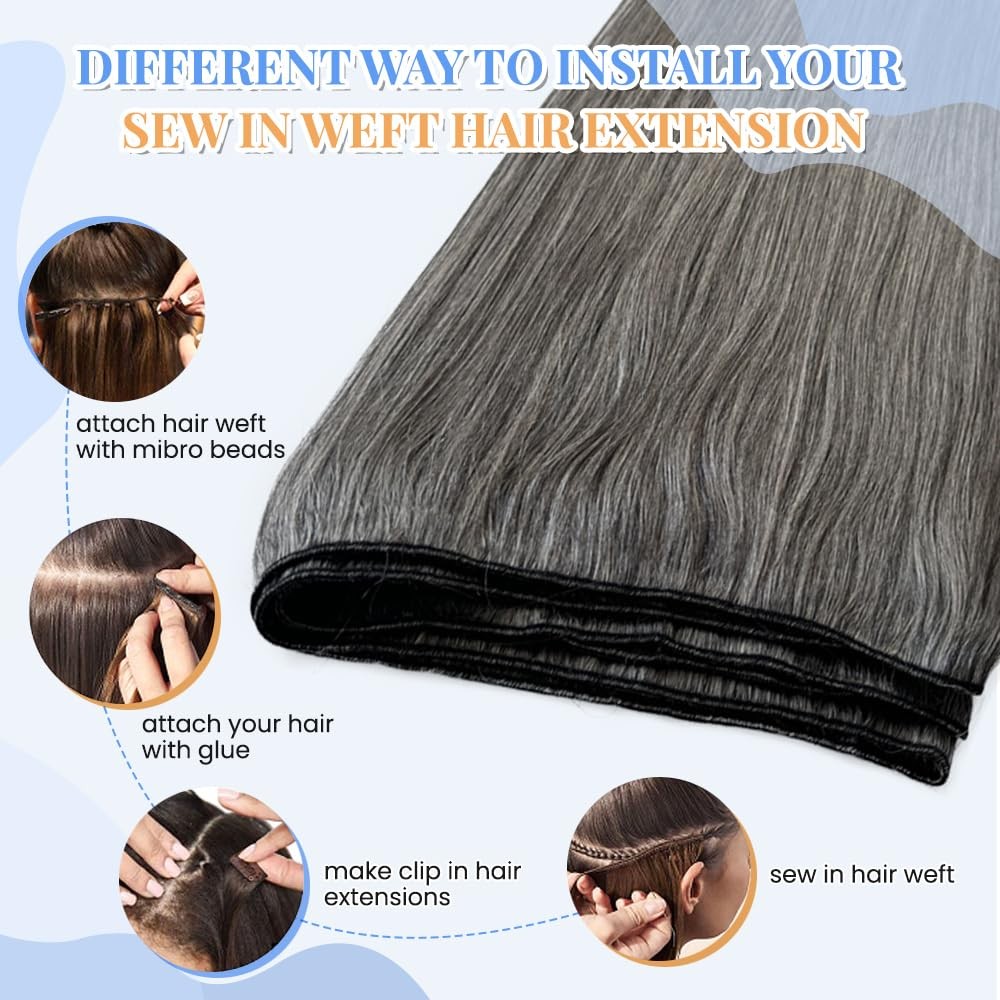 Smartinnov Salt And Pepper Gray Human Hair Sew In Hair Extensions For Women 22
