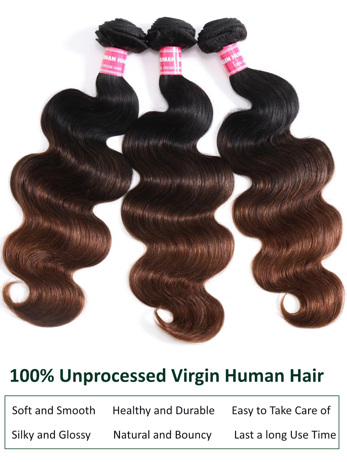 KLAIYI Ombre Brown Body Wave Bundles 100% Human Hair Extensions with Dark Roots