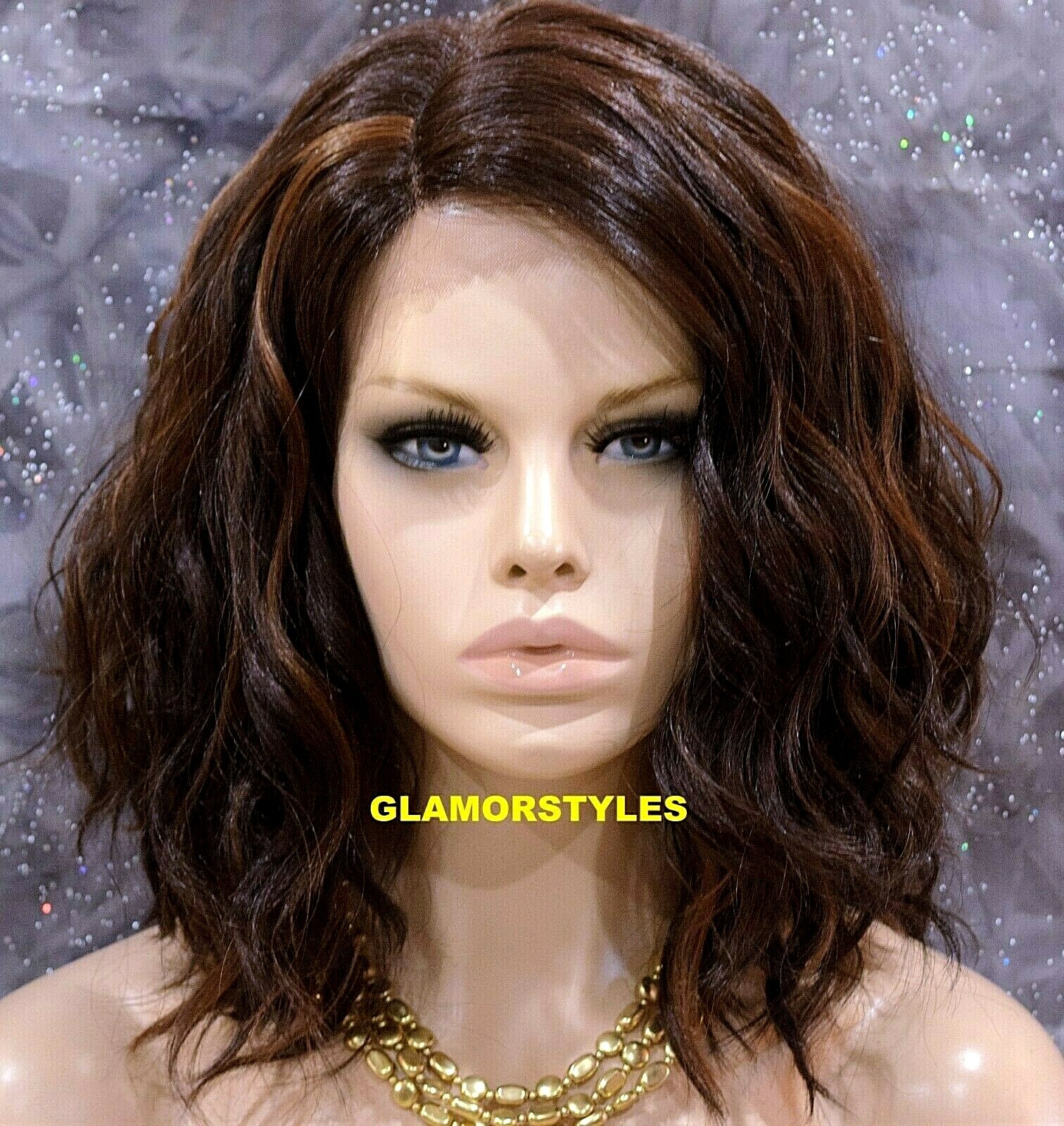 LACE FRONT FULL WIG BOB WAVY LAYERED SIDE PART BROWN AUBURN MIX HEAT OK NWT