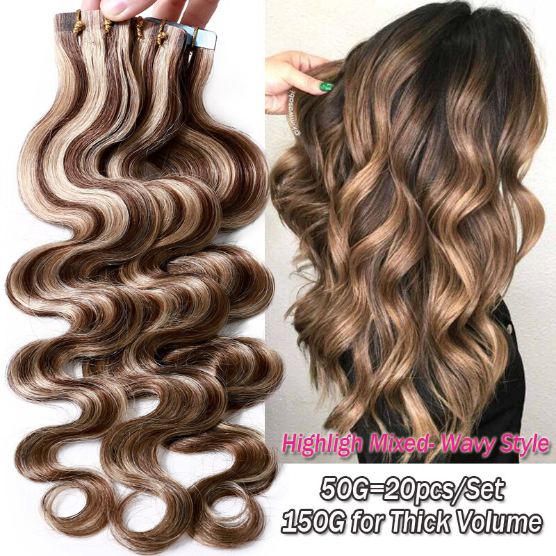 Seamless BODY WAVE Tape In Virgin Human Hair Extensions 80pcs Skin Weft THICK US