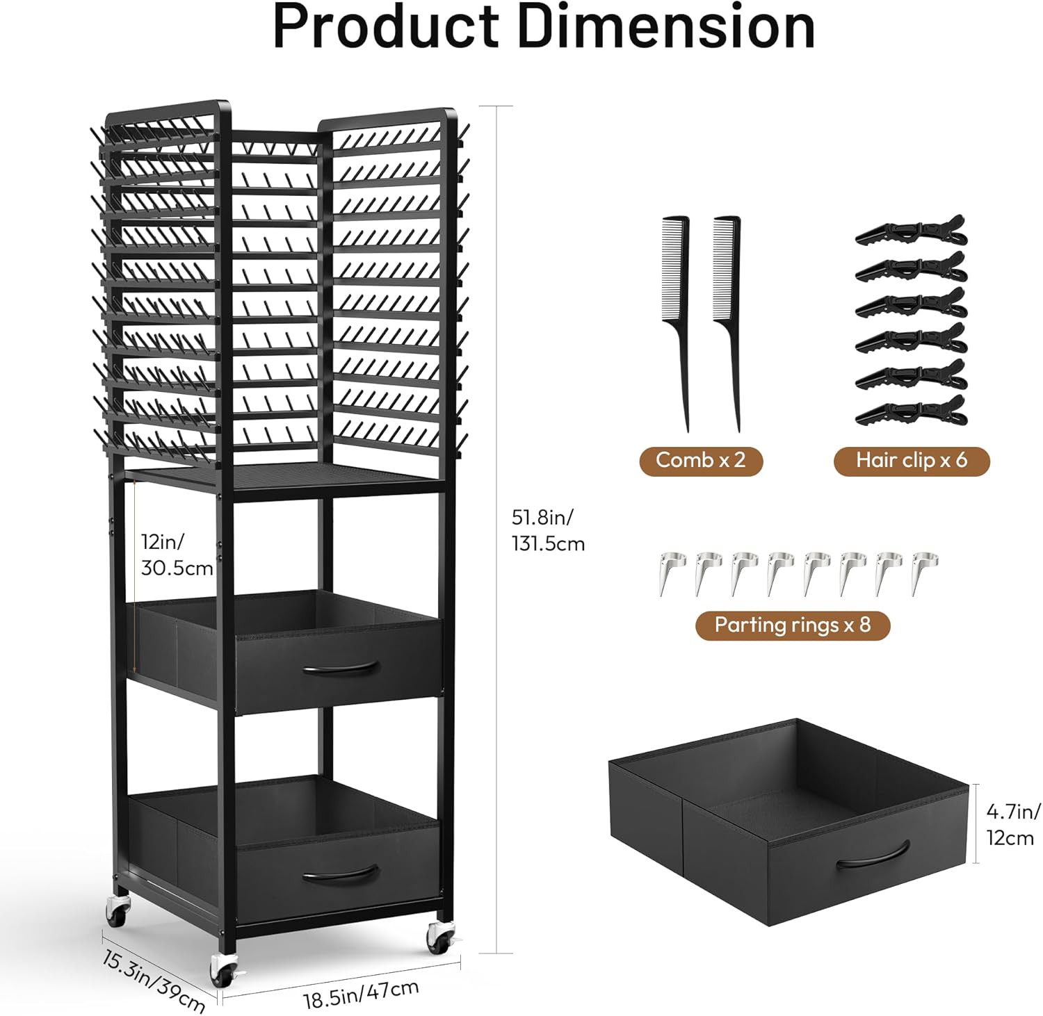 300 Pegs Braiding Rack with Large Drawers, 3-Sided Hair Rack with Wheels and 16