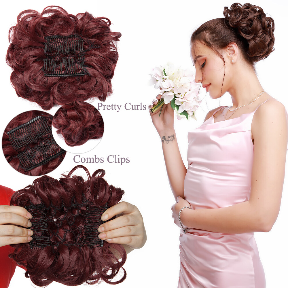 Hair Bun Curly Wavy Scrunchie Updo Extensions Chignon Comb Clip in Hair Ponytail