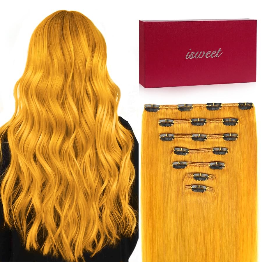 Straight Clip in Hair Extensions Real Human Hair, 7Pcs 14 Inch 95g Yellow Invisi