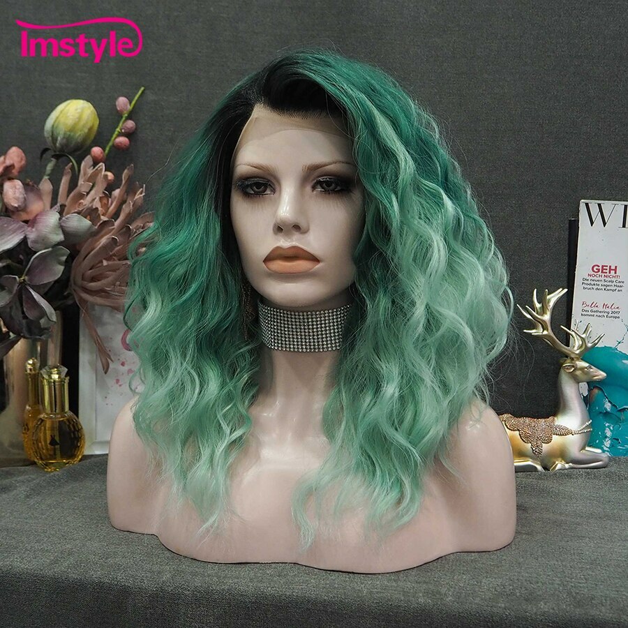 Ombre Green Synthetic Lace Front Wig Heat Resistant Fiber Deep Wave Lace Front