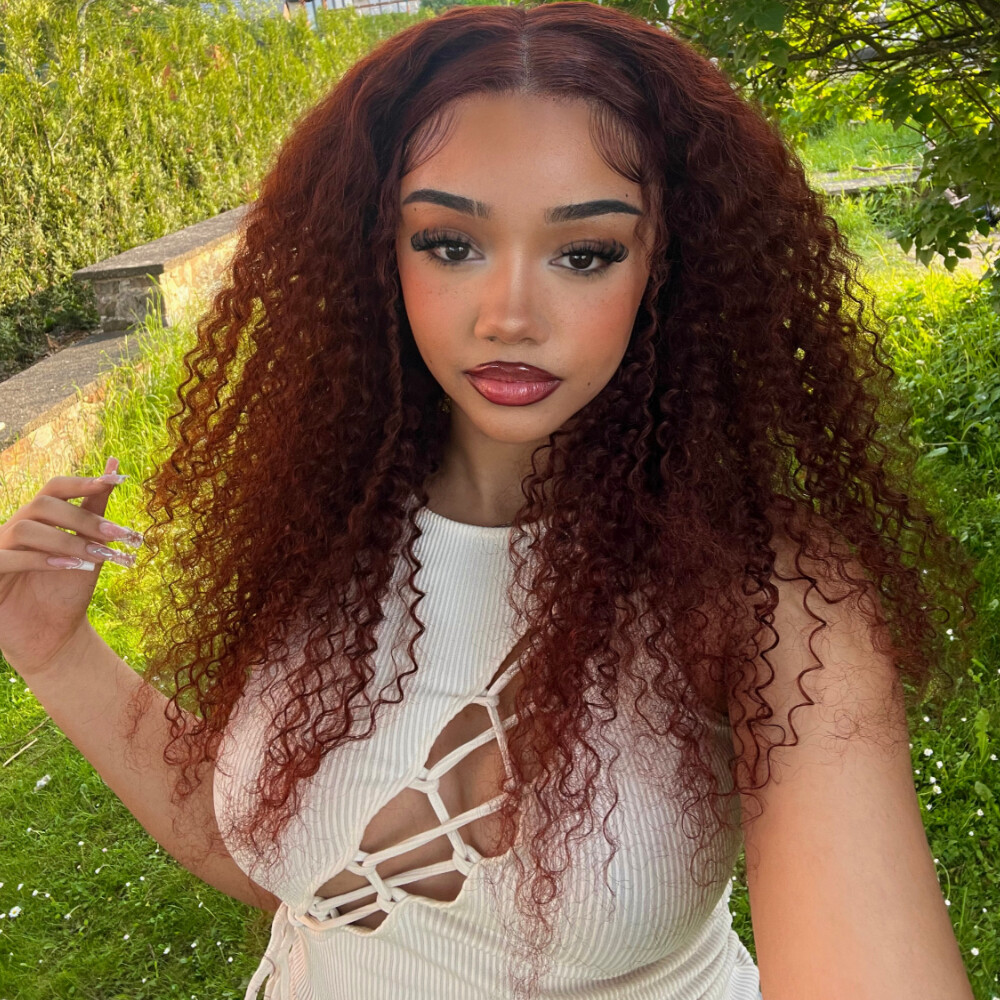 UNice Cambodian Reddish Brown Curly 3 Bundles with Lace Closure Human Hair Weave