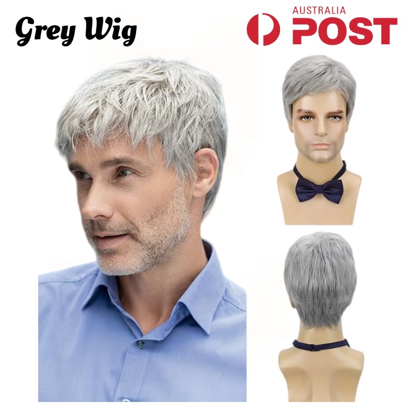 Men Grey Wig Gray Layered Short Beanie Hairpiece Dress Up Universal Cosplay Wigs