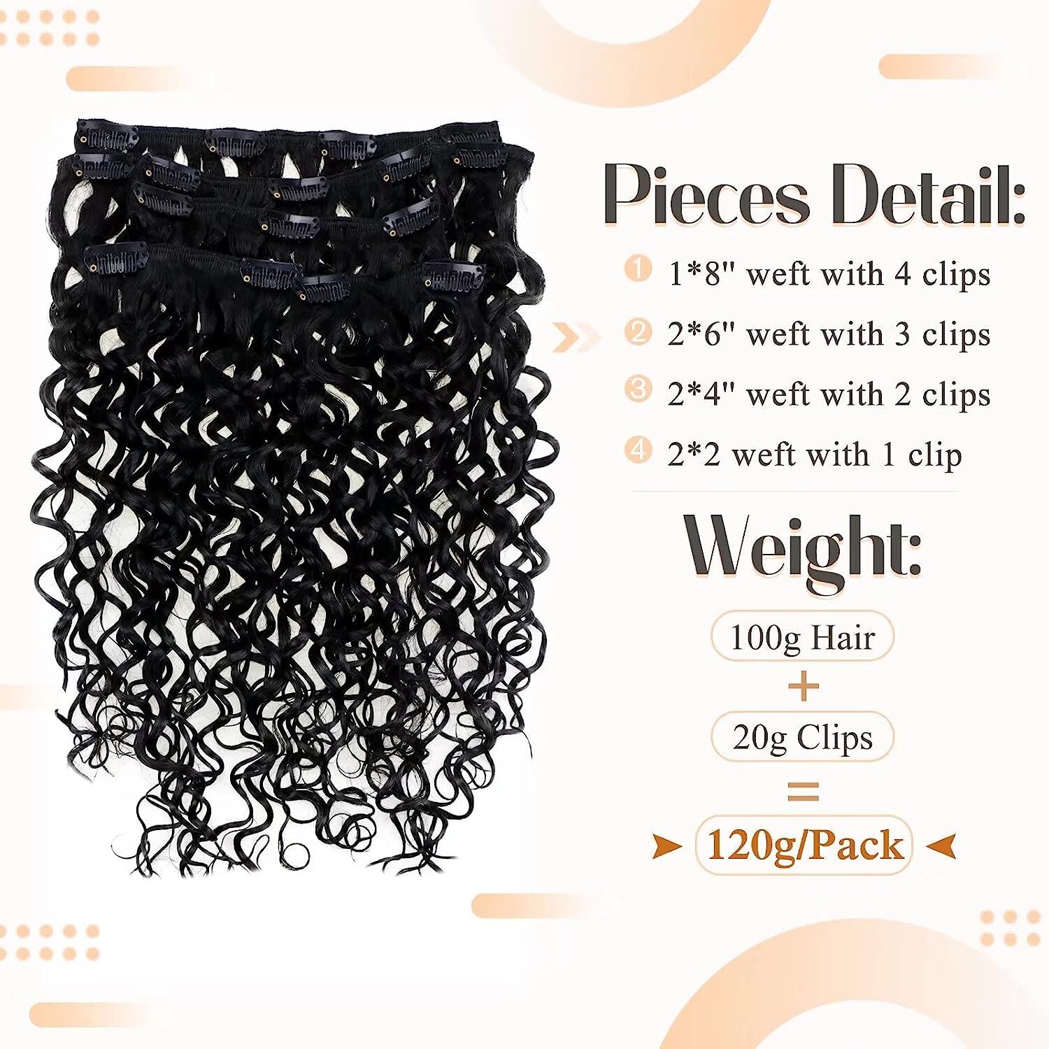 45cm to 70cm Natural Curly Clip In Extensions Human Hair 120g 7pcs Brown Black