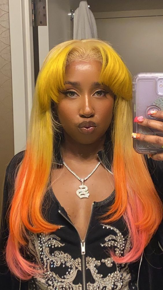 Long Yellow Orange Pink Layered Synthetict Heat T Part Lace Front Wig Cos Party