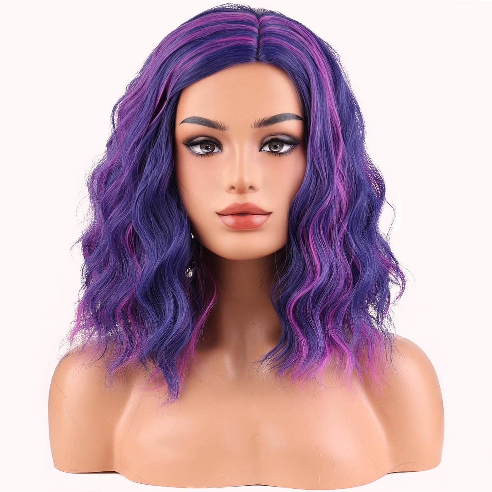 Blue Mixed Pink Wigs for Women Girls Pink and Blue Side Part Short Curly Wavy…