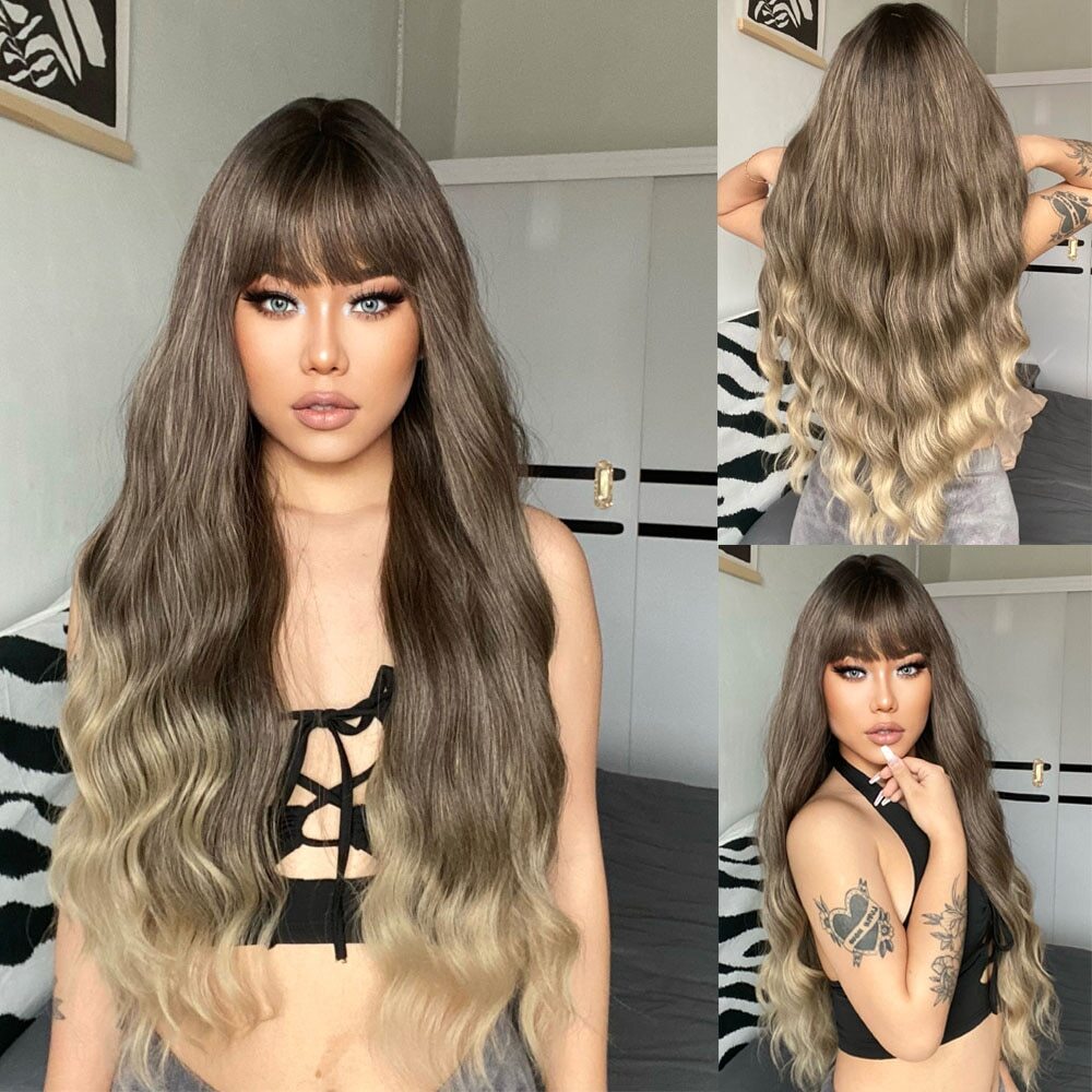 Synthetic Long Wavy Wig Ombre Platinum Brown Blonde White Wig Heat Resistant