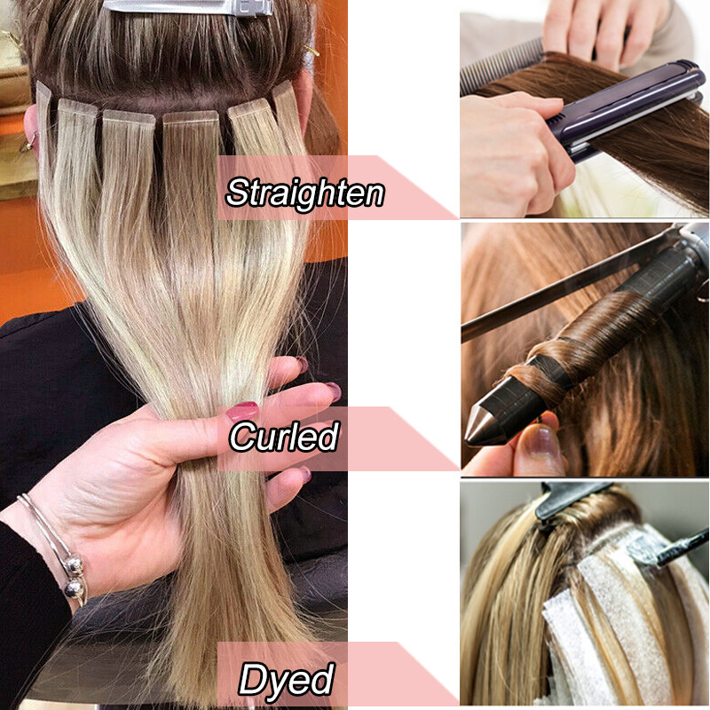 Skin Weft Remy Real Human Hair Extensions Tape In Full Head 200g WAVY Balayage