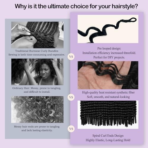 Burmese Curly Crochet Hair 8 Packs 128 Strands Knotless Pre-Looped 18 Inch 1B