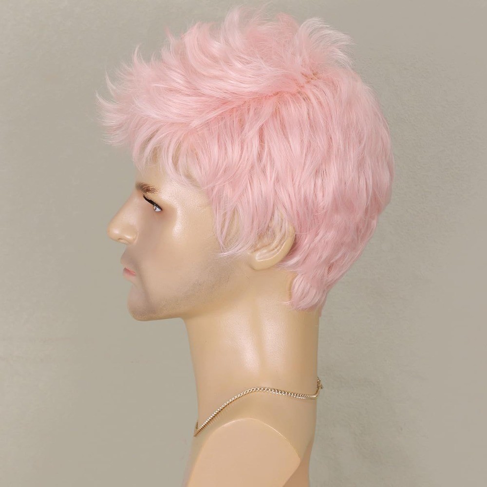Men Pink Wig Layered Short Beanie Hairpiece Male Full Hair Universal Cosplay Wig