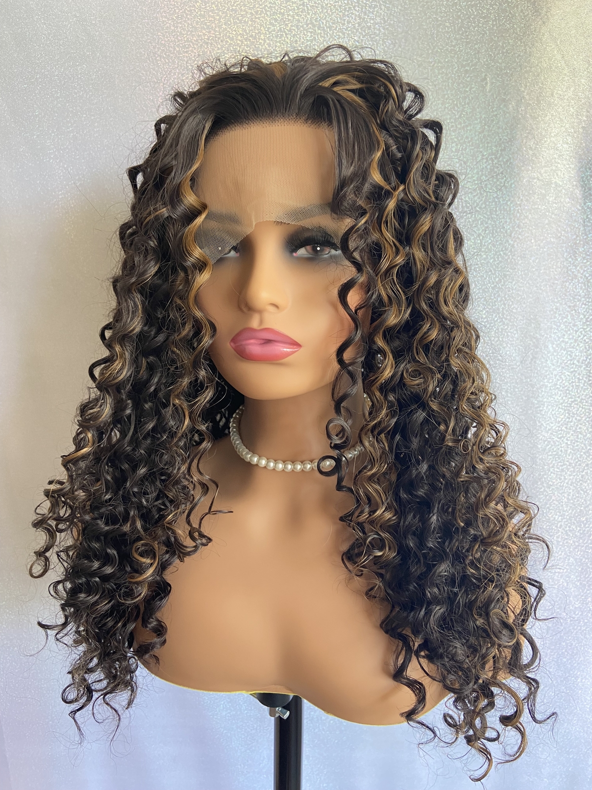 Human Hair Blend Lace Front Wigs Long Tight Curly Heat OK #4/27 Highlight Brown