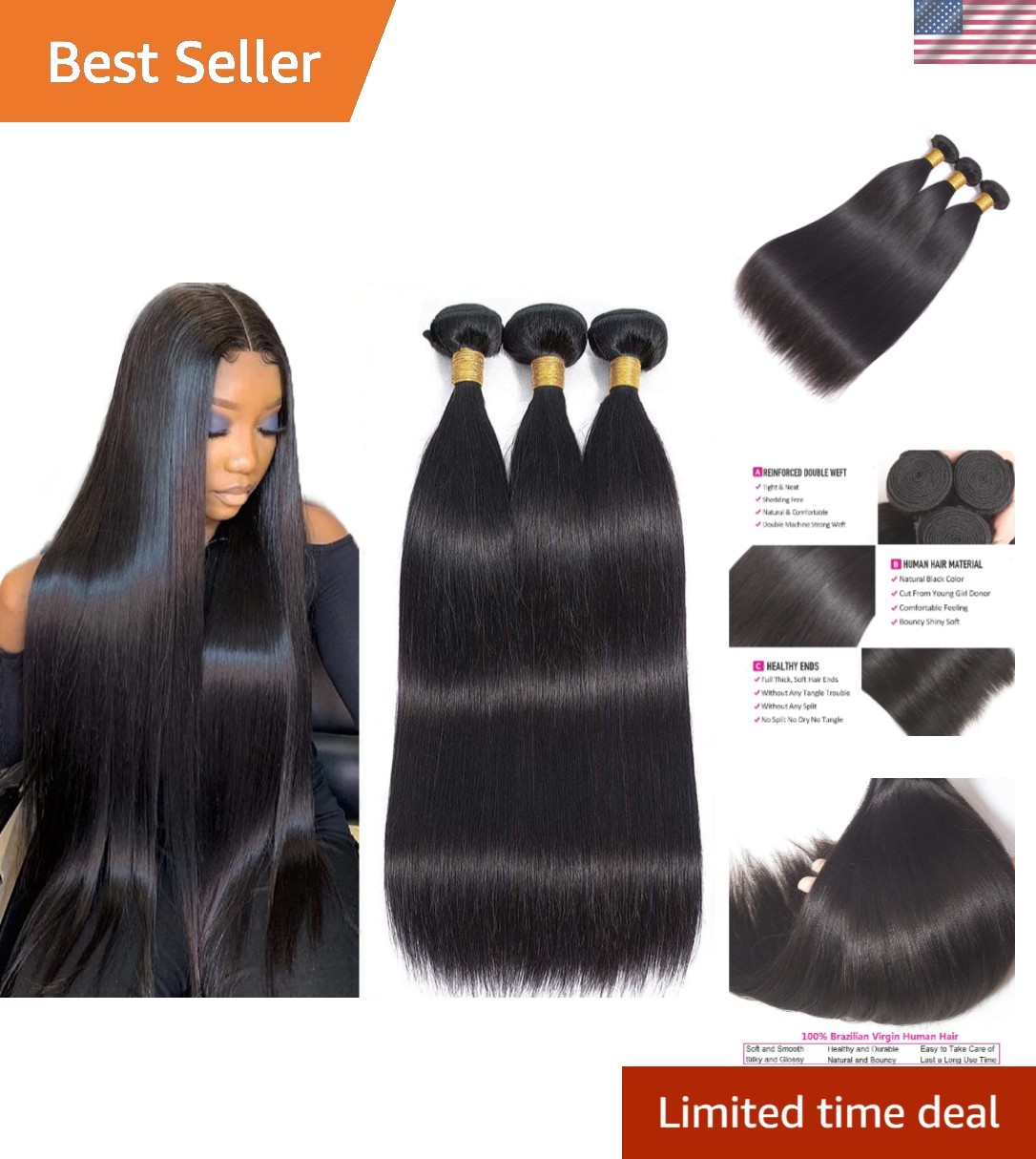 10A Brazilian Straight Human Hair Bundles 14 16 18 Inch 100% Unprocessed Virgin