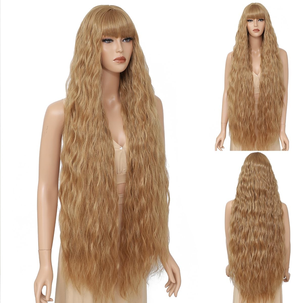Long Wavy Wig with Bangs for Women,Wig Long Bangs Wig,Natural Looking Synthet…