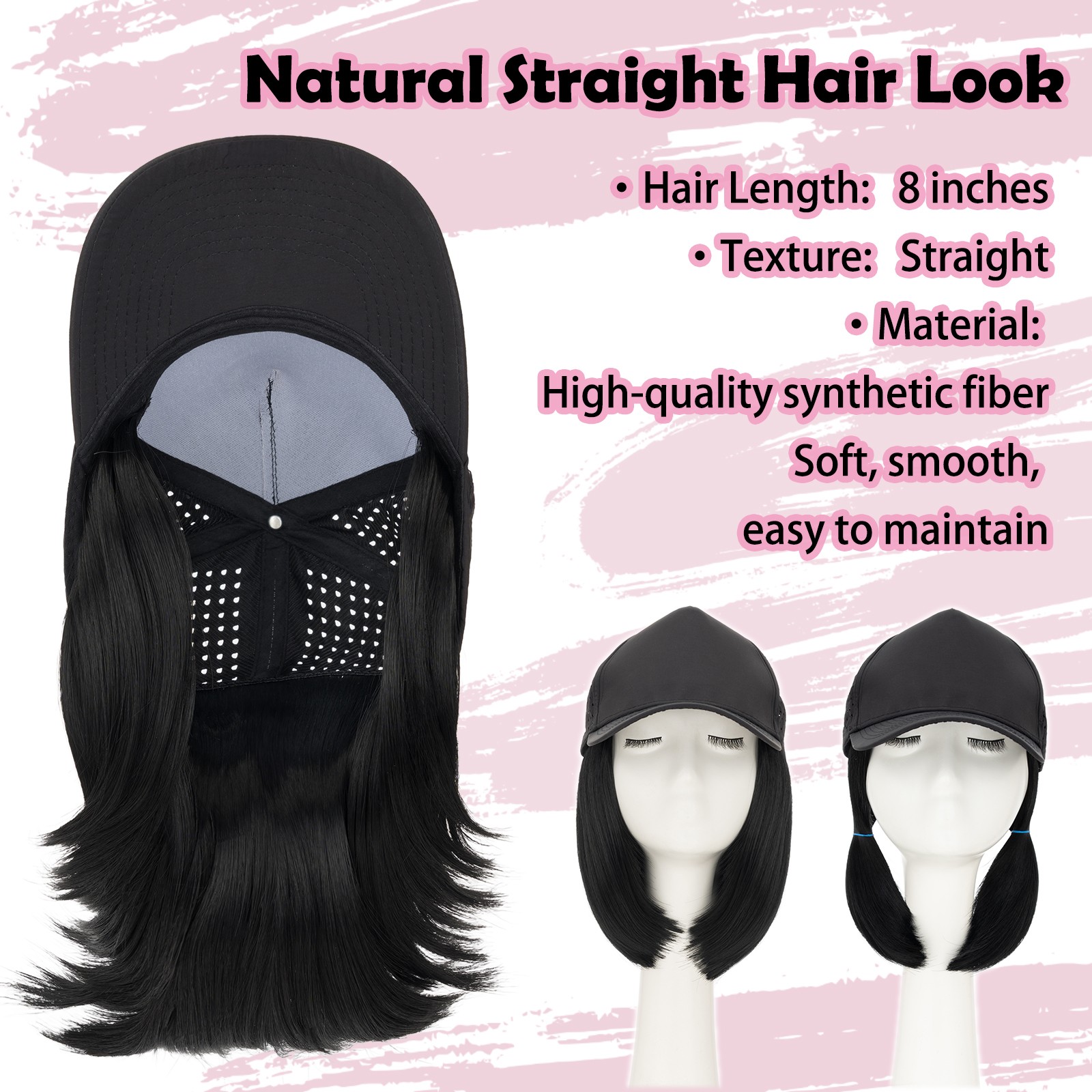 Natural Women Baseball Cap with Hair Extensions Hat with Hairpiece Straight 8in