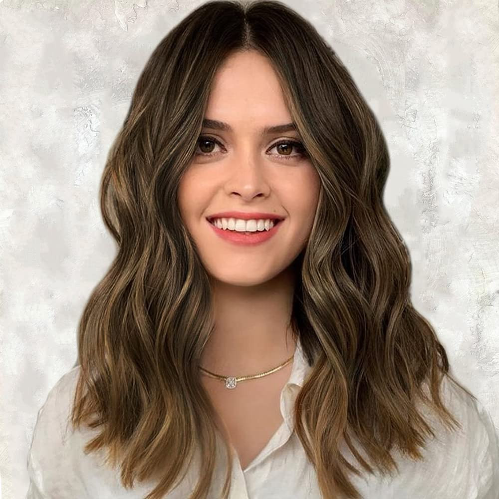 Short Bob Wavy Wig for Women Lace Front Wigs Ombre Brown Synthetic Wig Middle Pa