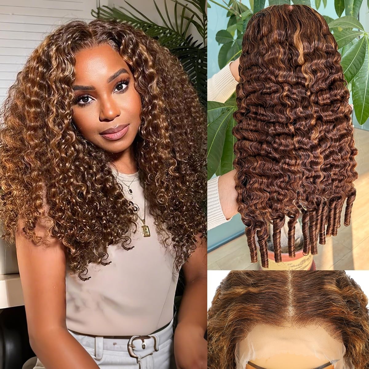 24″ Honey Blonde Curly Drawstring Wig – 250 Density, HD Lace Front, Ombre, Pre-P