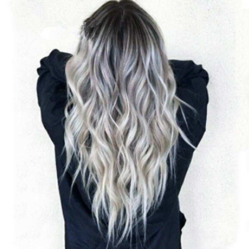 Women Wig Long Wavy Black Ombre Gray Toulsed Curly Heat Resistant Synthetic Hair