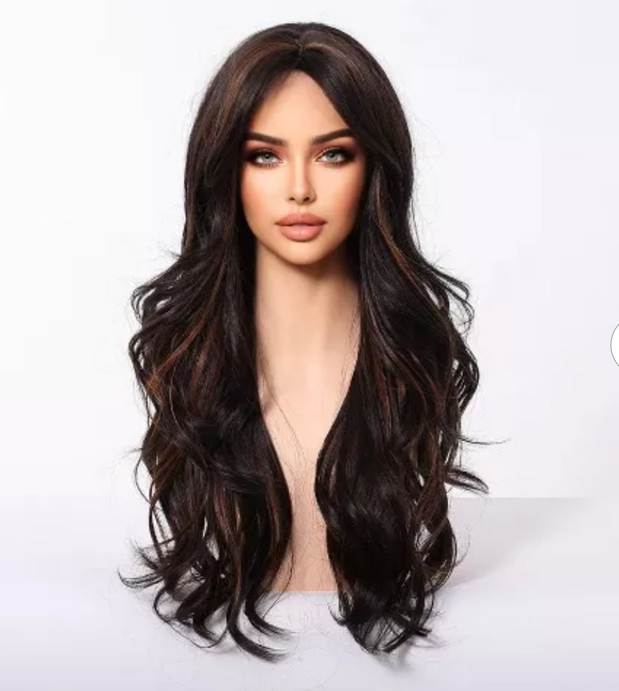 Black Brown Wig Highlight Long Wavy Synthetic Wigs Women Natural Hair Wigs 24′