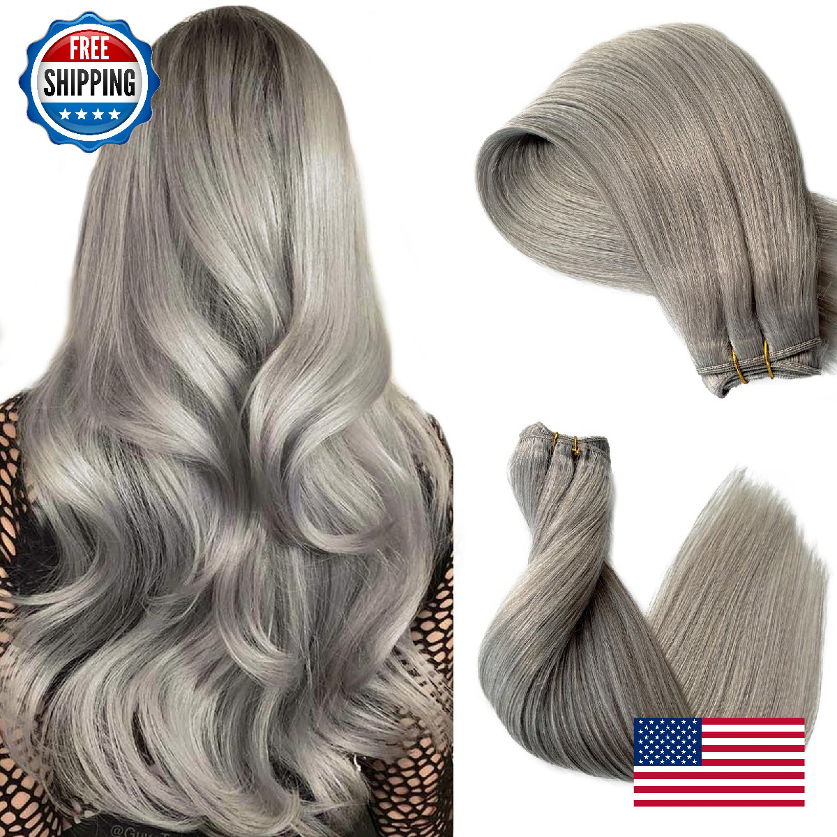 Licoville Sew In Hair Extensions Real Human Hair Silver 14 Inch 80G Grey Hair