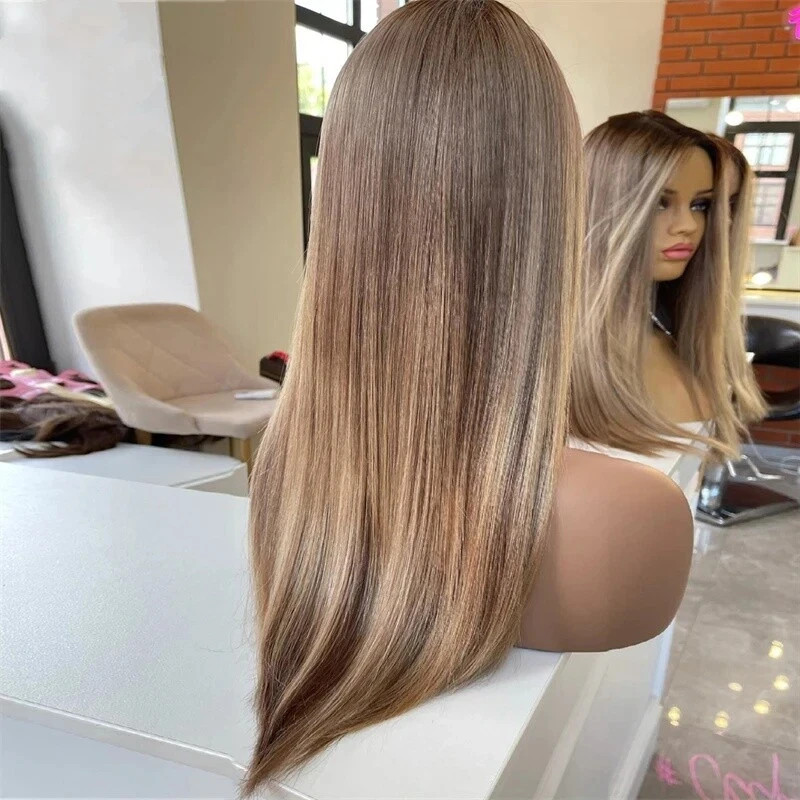 26Inch Human Hair Wig 13X4 Lace Wig Honey Blonde Brown Highlights Wig