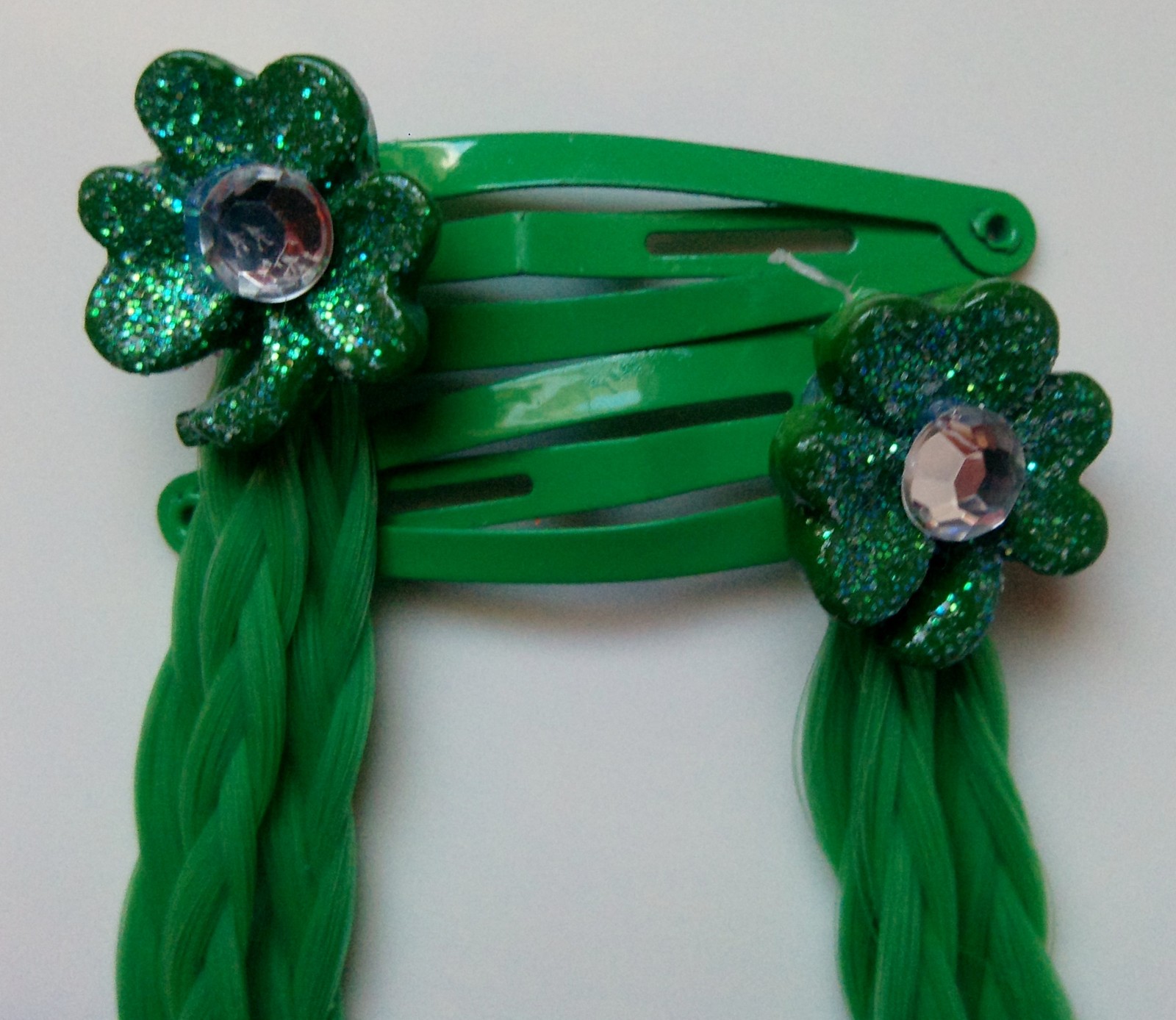 Pair Of Green Braided Girls Hair Extensions With Rhinestones Shamrock Hair Clip