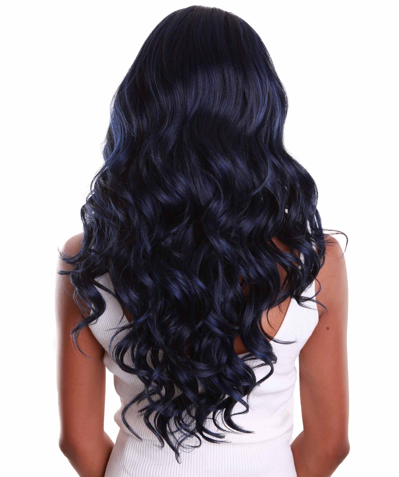 LUXLUXE Lucinda Wavy 23″ Long 4X4 Hand-Tied Lace Front Wig,Blue and Black Blend