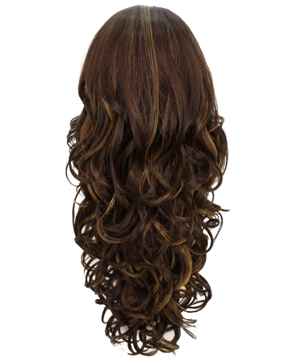 Wavy 24.5 in 13×2.5 Hand Tied Lace Front Wig, Brown with Golden Highlights