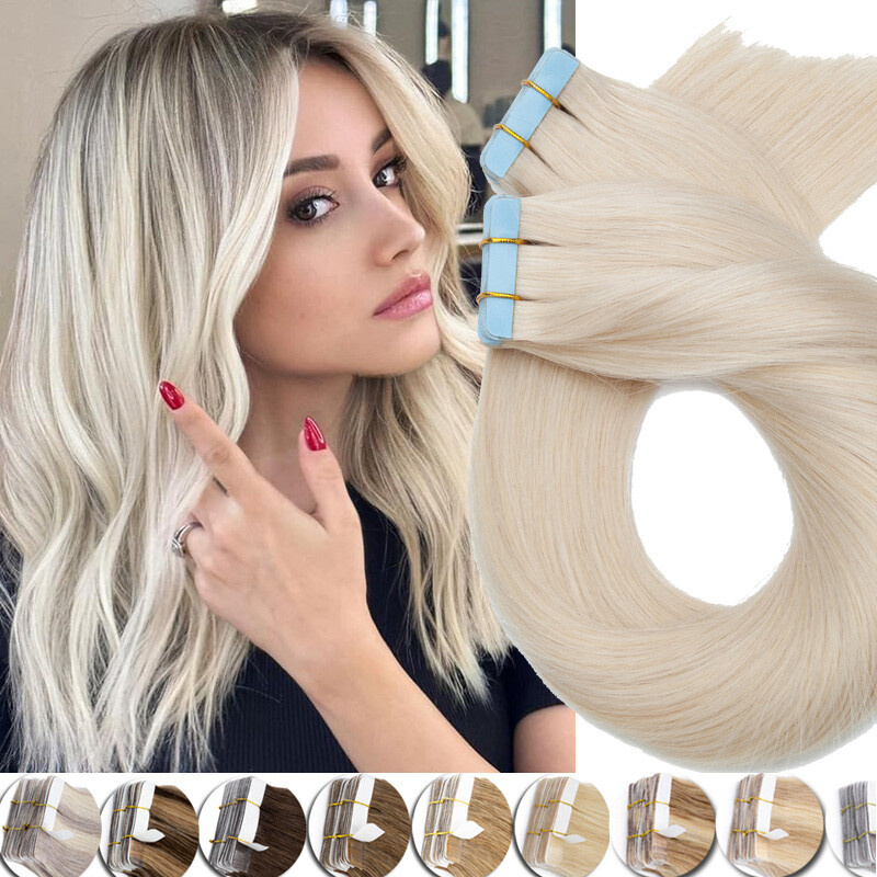 Tape In 100% Real Thick Human Hair Extensions Tape On Skin Weft Balayage Grey US