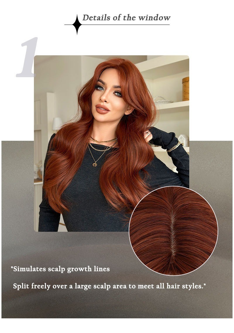 Wig with orange-red curly bangs long hair big waves fluffy texture