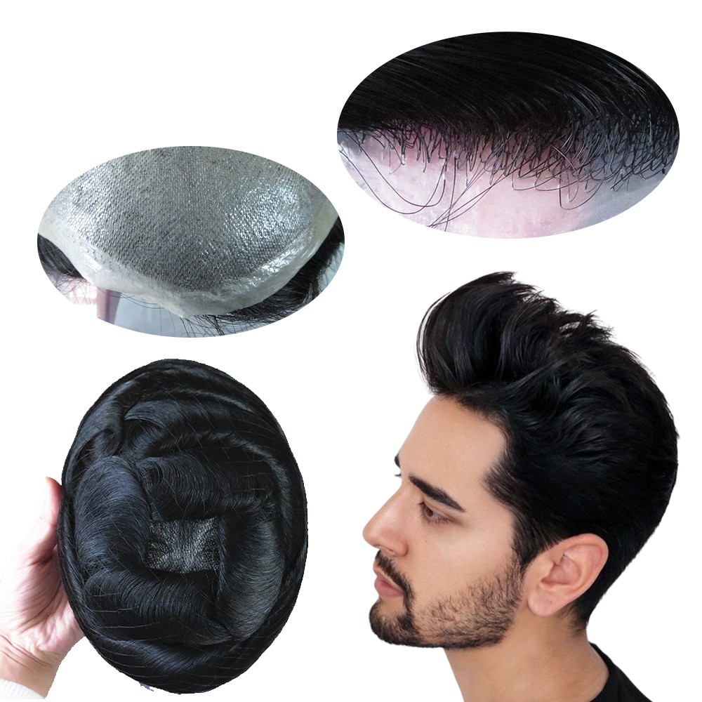 Mens Toupee Human Hair Replacement System Hairpiece 0.05mm Thin Skin Jet Black#1